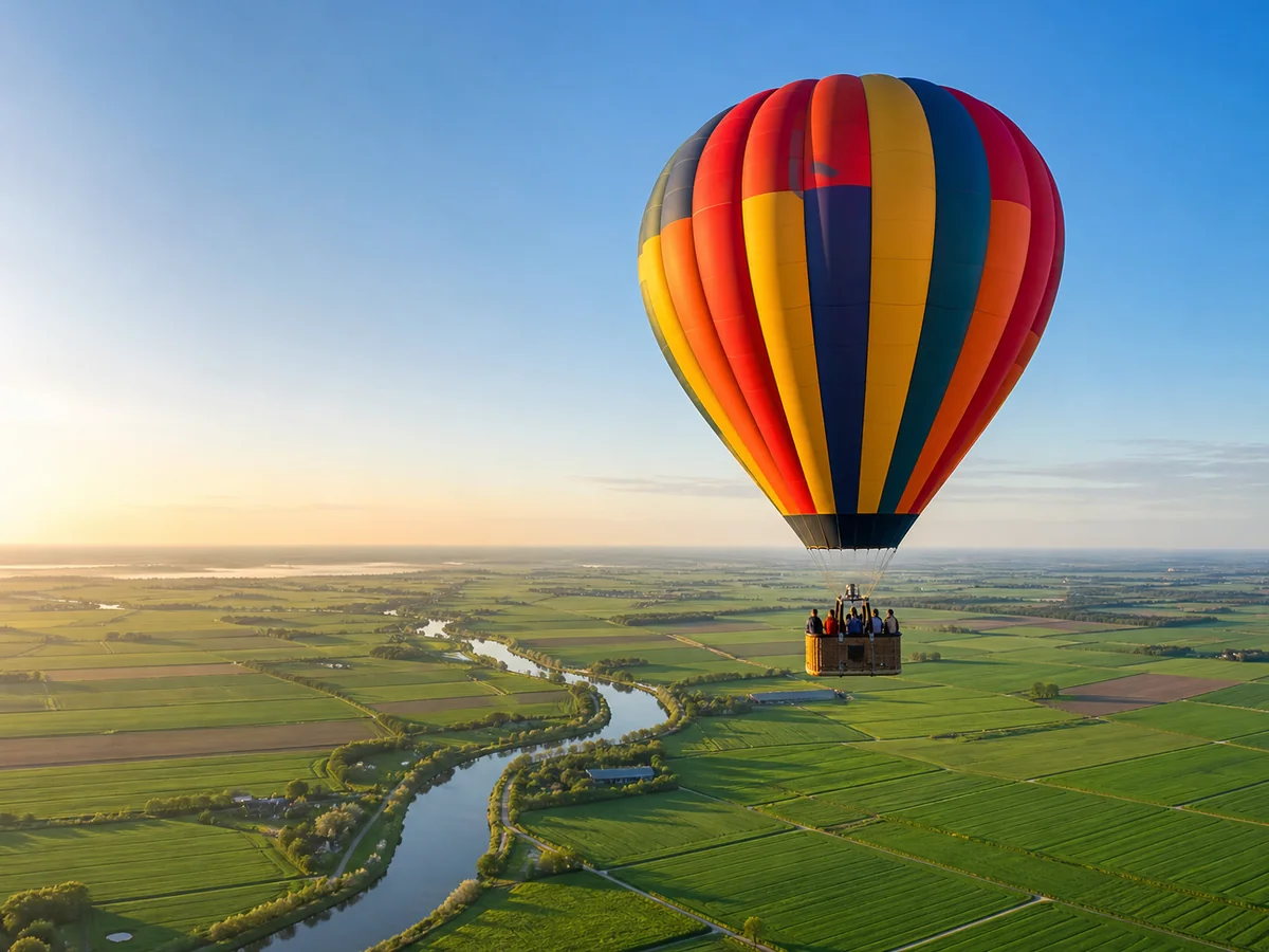 Kleurrijke luchtballon boven groene weilanden en een rivier bij zonsopgang