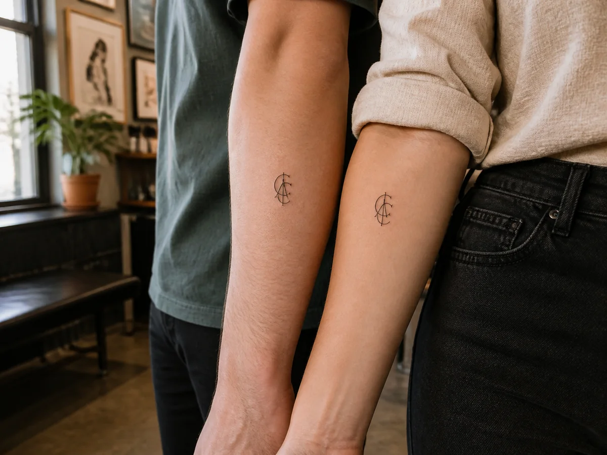 Twee onderarmen naast elkaar met een fijnlijnige tattoo van in elkaar geweven initialen